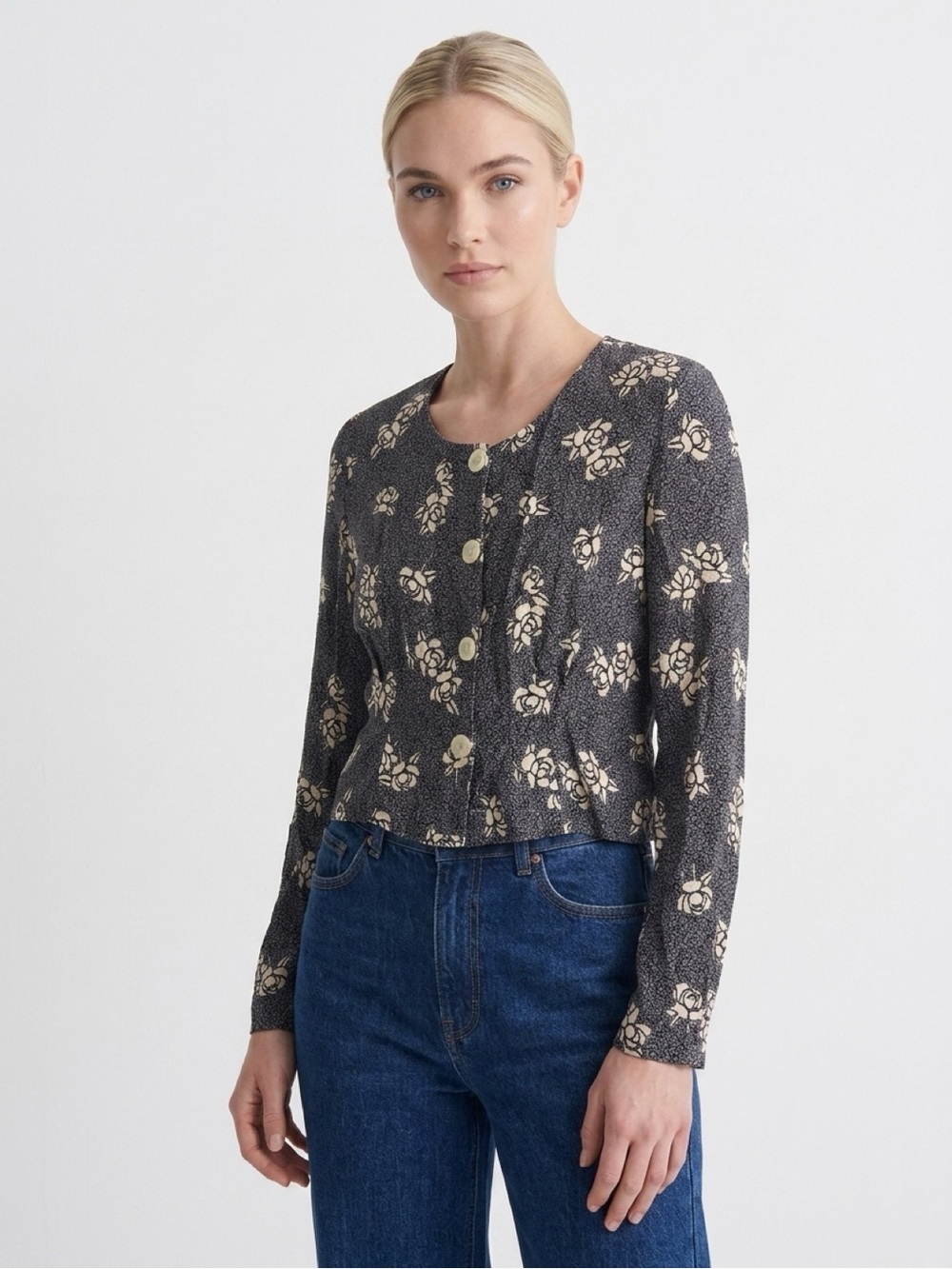 Rouje Paris Vintage-Inspired Floral Blouse Size 36 Puff Sleeve Peplum Button Top
